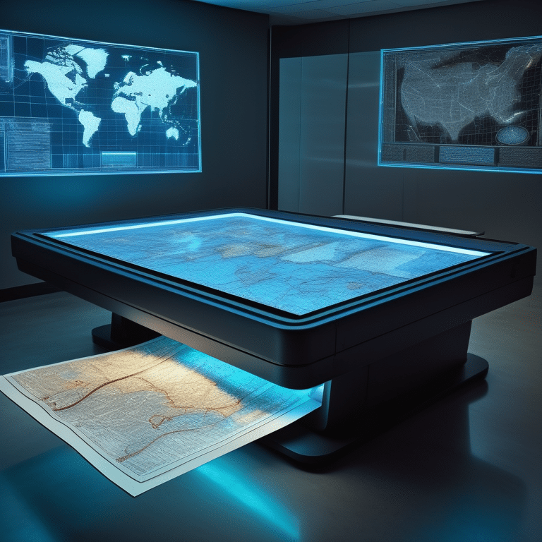 An oversized scanner digitizes a large, vintage map in a softly lit room.