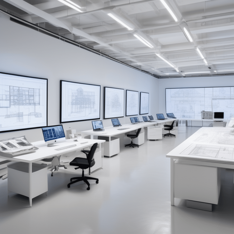 Bright studio with architectural drawings on a desk and 3D building models on digital screens.