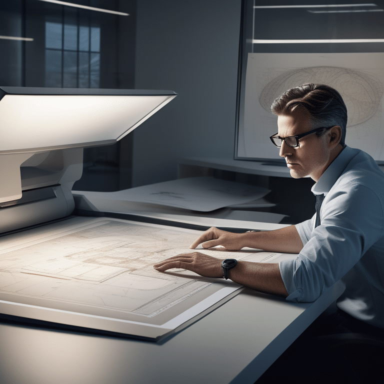 A professional scrutinizes an architectural plan while using a large format scanner in a well-lit office.