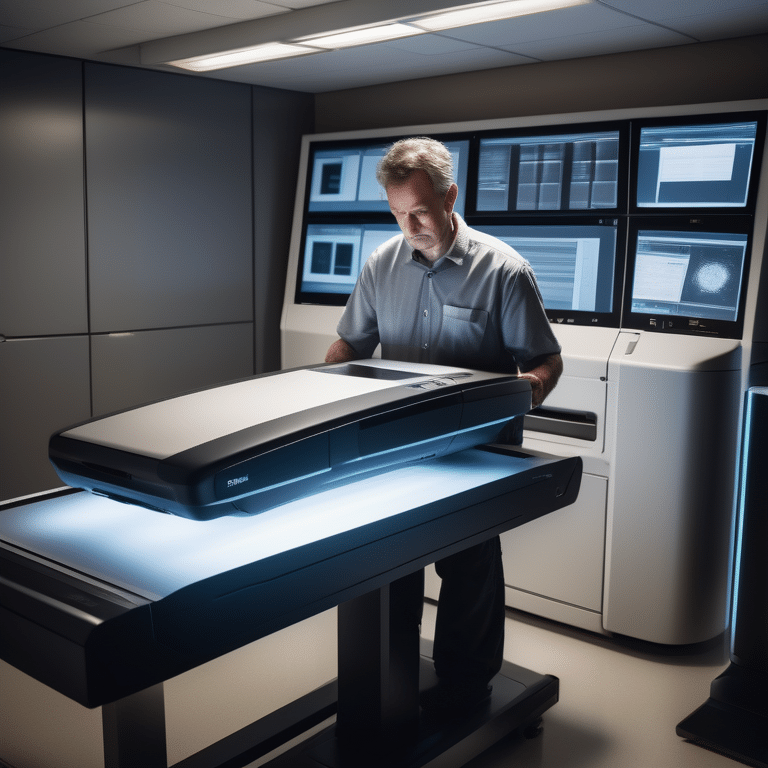 Technician operating a large format scanner with archival documents in a softly lit room.