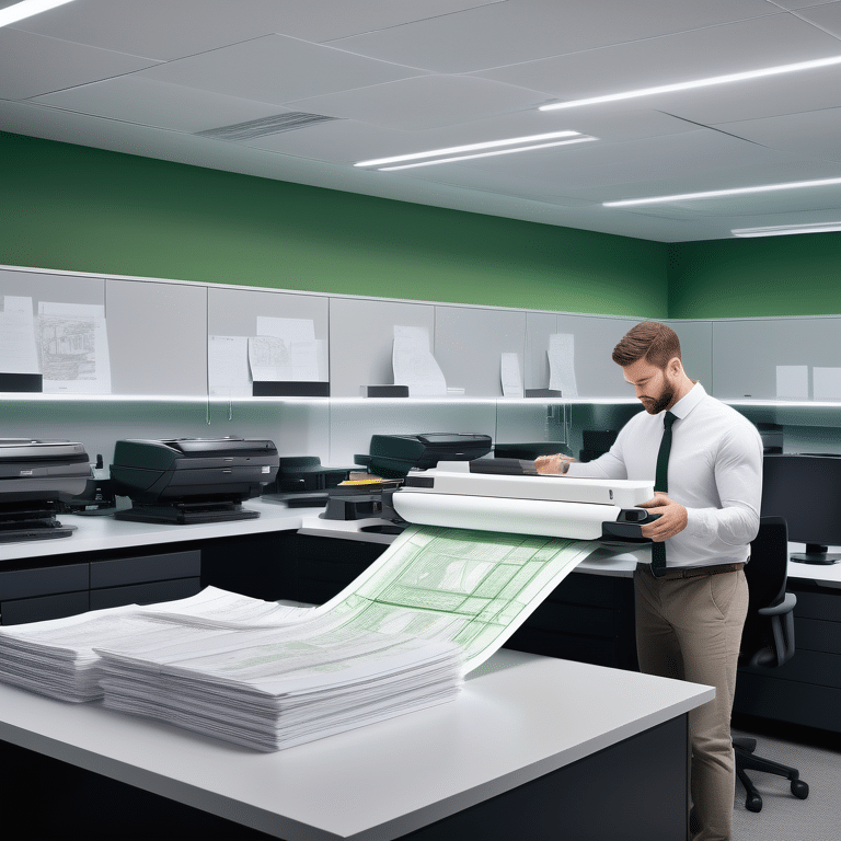 A professional scanning large documents in a well-lit, modern office.