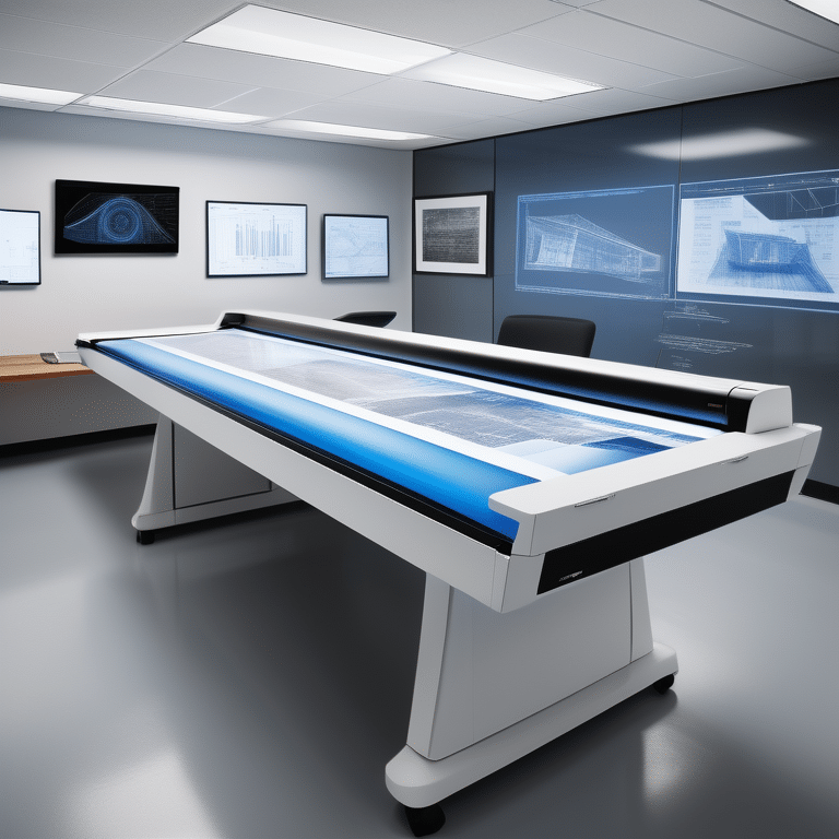 Modern office with a large scanner processing architectural blueprints, with digital screens indicating progress.