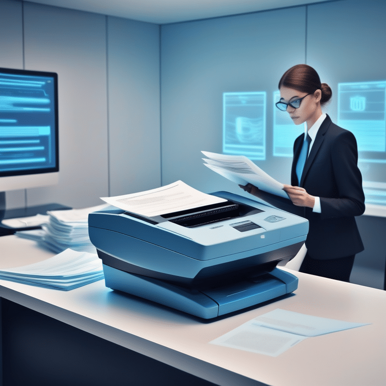 High-tech document scanner processes legal files in a professional office setting.