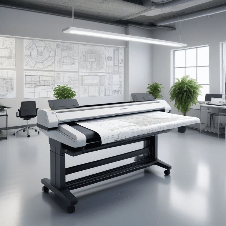 A high-tech large format scanner surrounded by blueprints in a well-lit professional workspace.