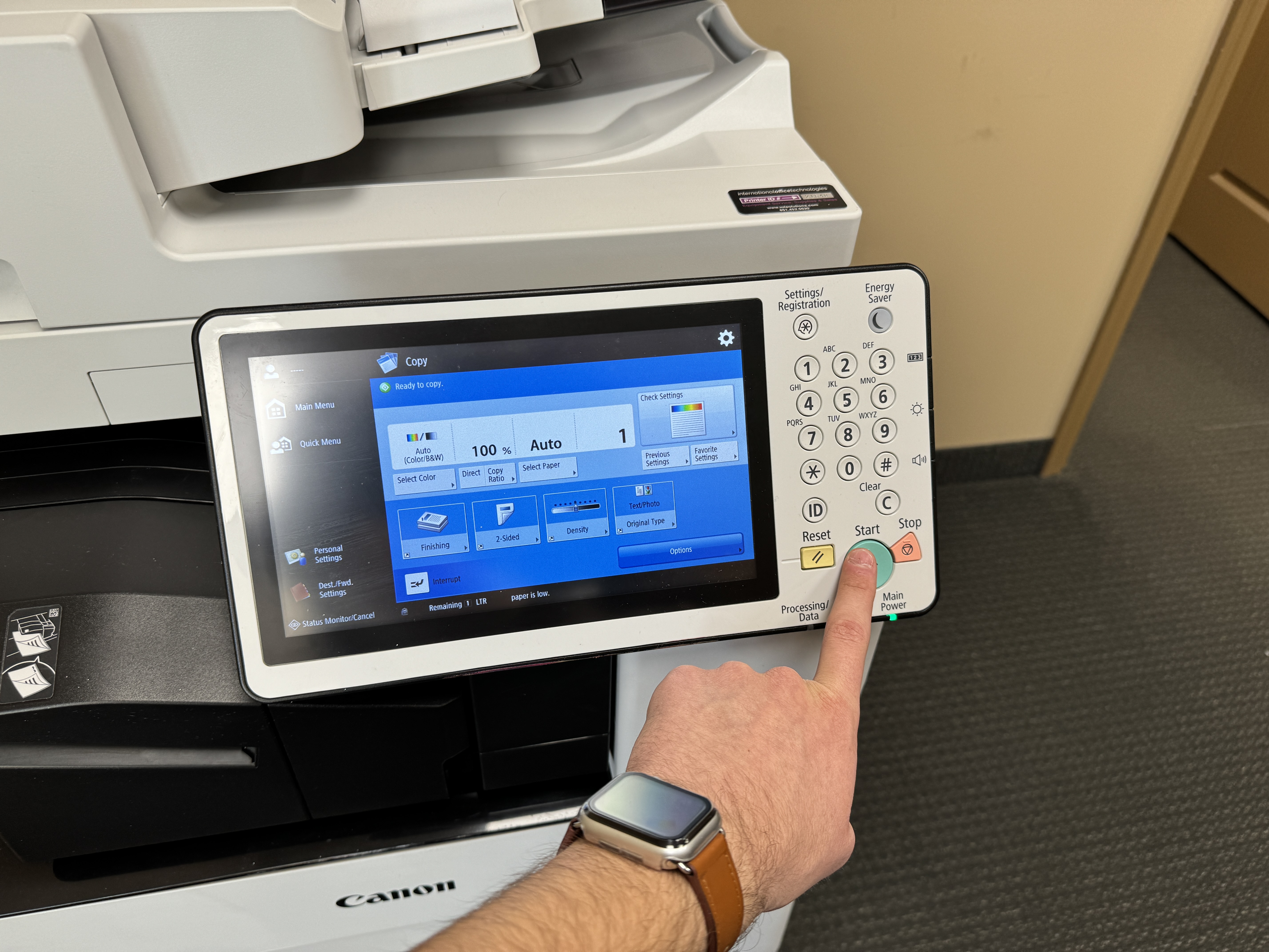 Control panel on a Canon MFP used for scanning legal files.