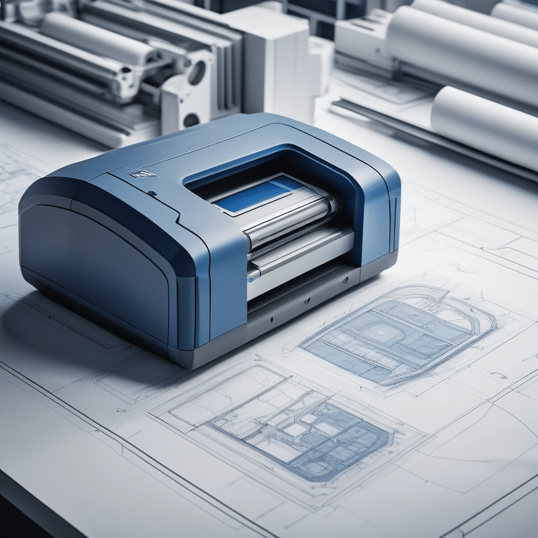 Central blueprint scanner with architectural plans, embodying a professional and innovative atmosphere.